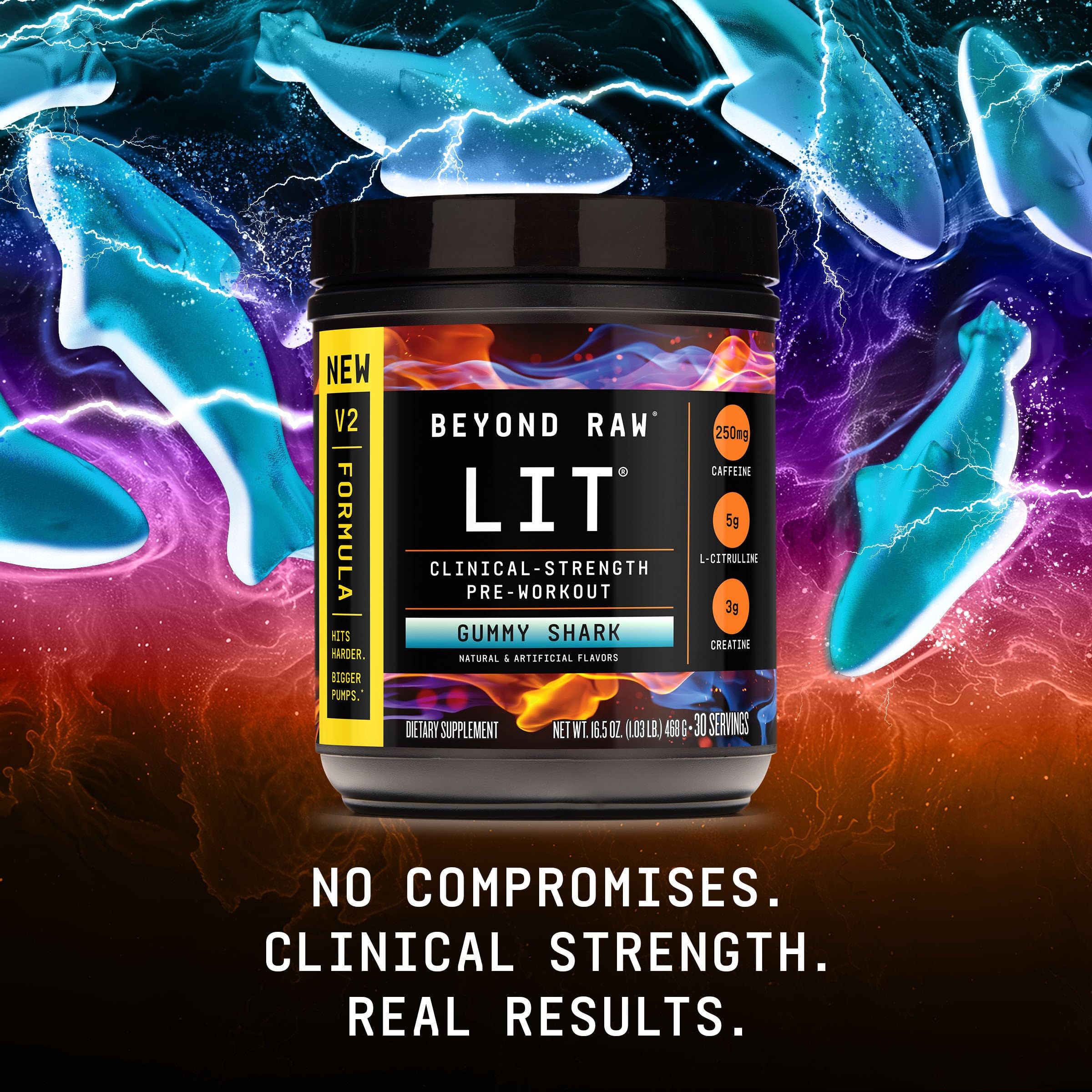 BEYOND RAW LIT V2 Clinical Strength Pre Workout Powder, Hits Harder, Bigger Pumps, Caffeine, L-Citrulline, Creatine, Gummy Shark, 30 Servings - Image 9