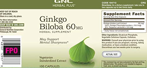GNC Herbal Plus Ginkgo Biloba 60mg Supplement, Vegetarian, Supports Mental Sharpness, 100 Servings - Image 3