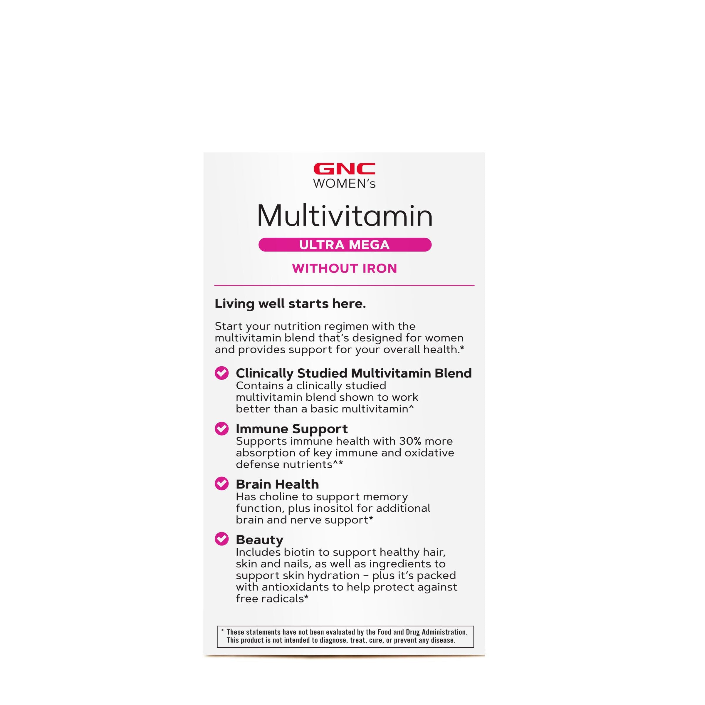 GNC Women's Multivitamin Ultra Mega Without Iron, Daily Vitamin Supplement, Supports Immune, Brain, Hair, Skin & Nails, 180 Caplets - Image 3