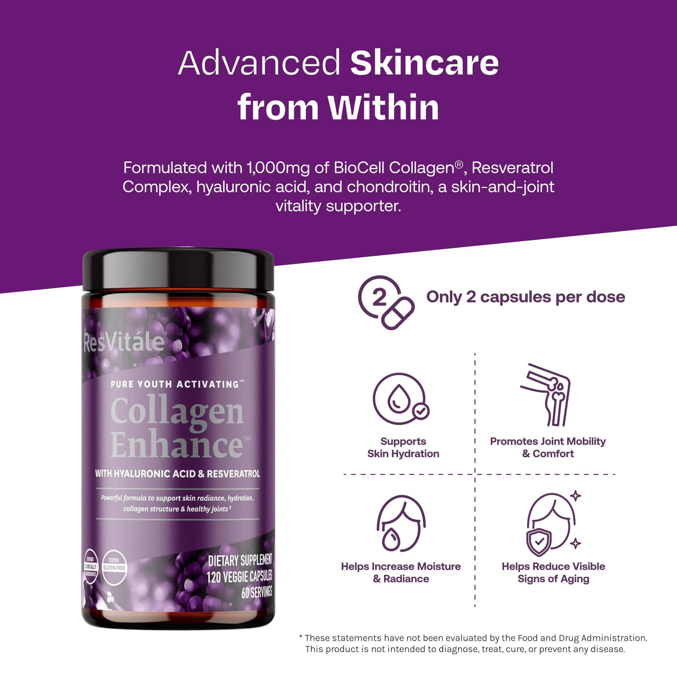 ResVitále Collagen Enhance - Beauty Supplement with Hyaluronic Acid & Resveratrol - 120 Capsules - Image 3